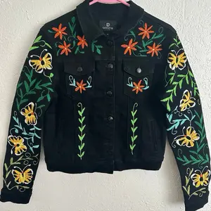 Denim Jacket Otomi Mexican Floral & Butterfly Design Black Denim Jacket with Colorful Embroidery