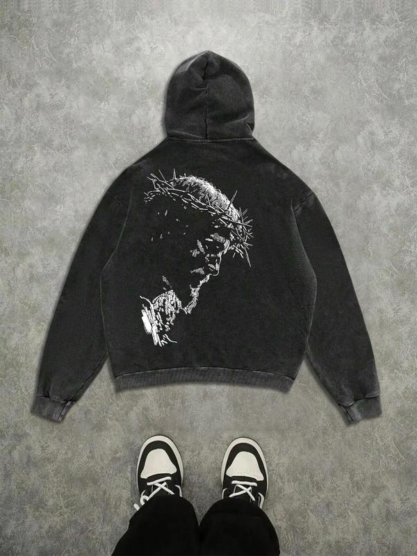 Trendy Casual Hoodie with Jesus Silhouette Print, Vintage Wash Craftsmanship, High-Quality Fabric, Loose Fit, Autumn Wear