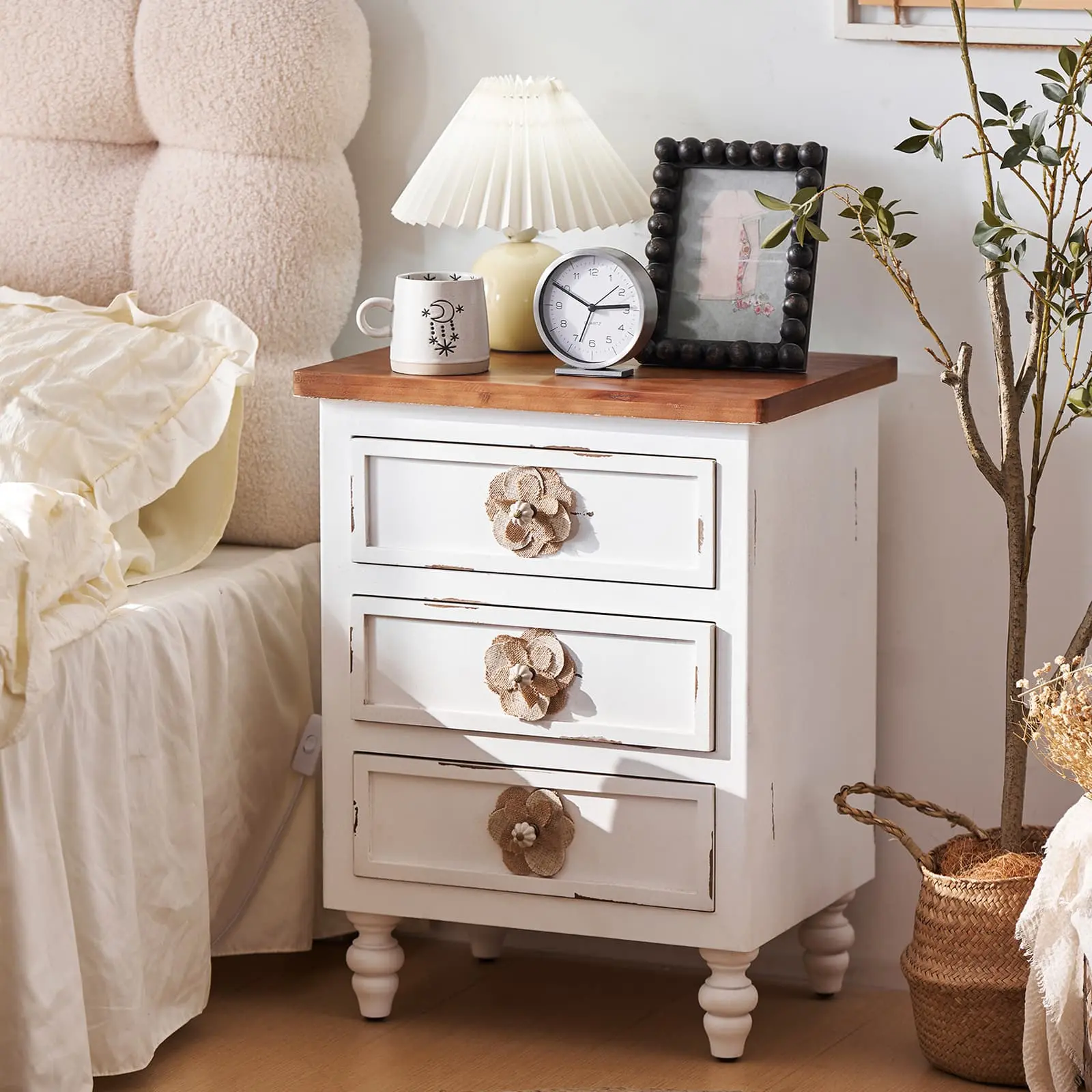 Vintage Farmhouse End Table with Floral Knobs 19" Rustic Nightstand 3 Drawers Gourd Legs Bedside Sofa Accent Table Dark Blue Wood Natural Storage