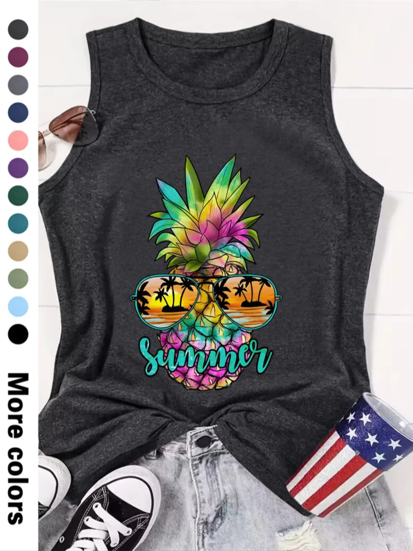 Women's Pineapple Print Tropical Round Neck Graphic Tank Top, Sleeveless Tank Tops, Casual Sleeveless Crew Neck Top for Summer, Ladies Clothes for Daily Wear, Vest