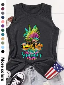Women's Pineapple Print Tropical Round Neck Tank Top, Casual Sleeveless Crew Neck Top for Summer, Ladies Clothes for Daily Wear, Vest