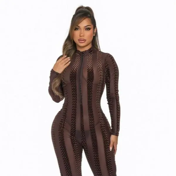 Plain Mesh Velvet Contrast Jumpsuit for Women, Fall/Winter Season, Brown/Burgundy, Long Sleeve