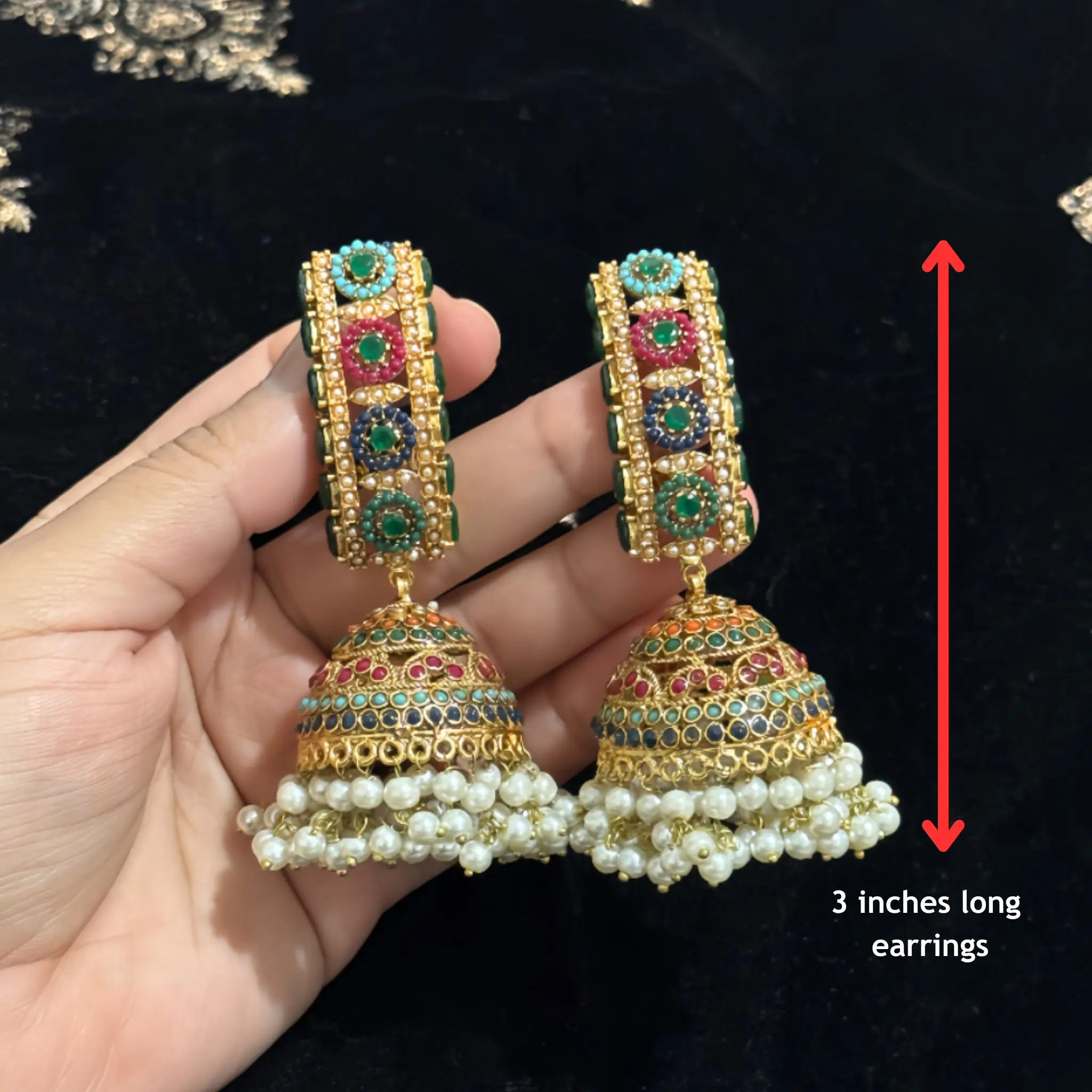 Jhumka Earrings Nauratan Jewelry with Pearl Stones; Indian Bridal Wedding & Pakistani Party Wear Gift