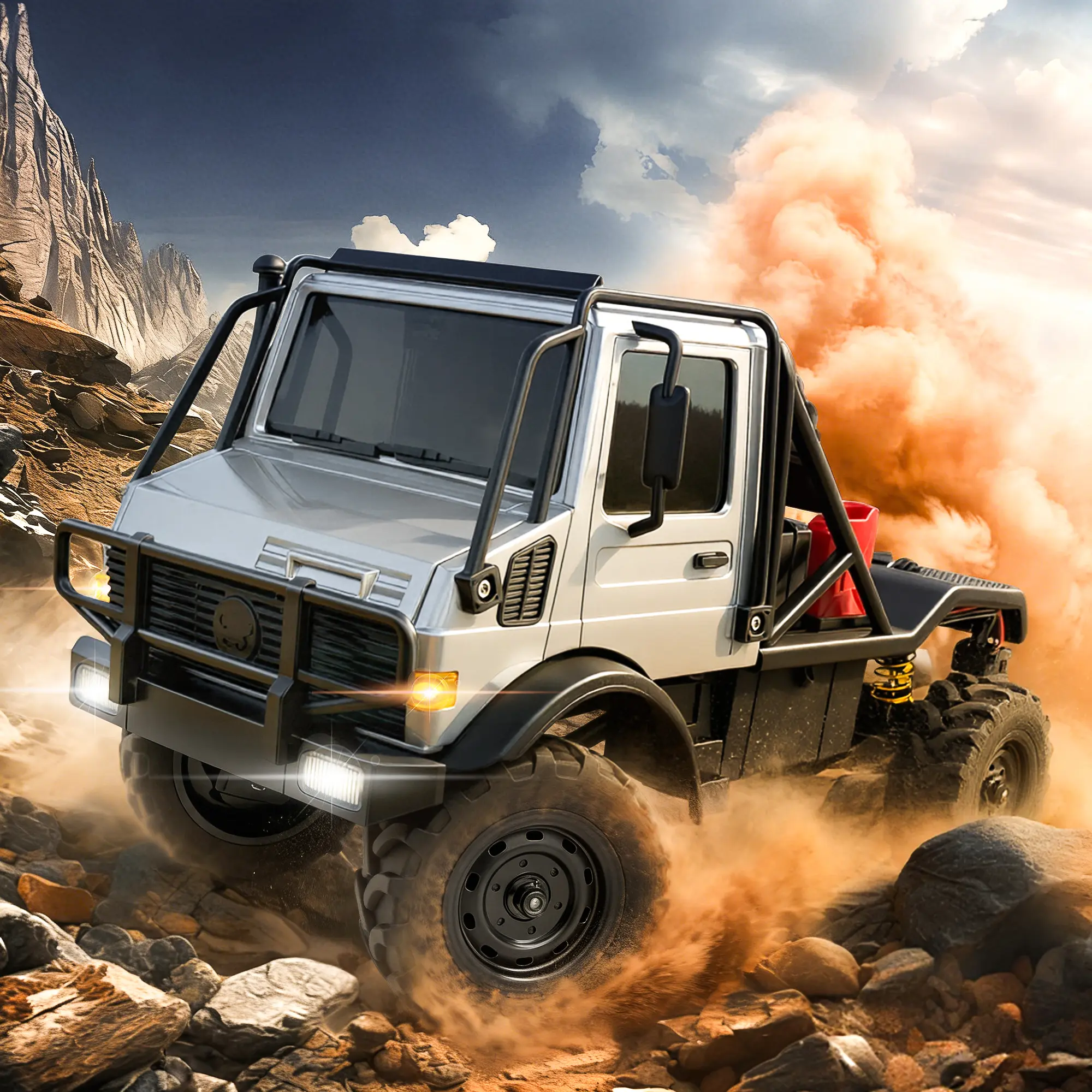 MN Model MN-333 1:18 Scale Unimock U4000 RC Climbing Vehicle - Die-Cast Alloy Frame, All-Metal Body, 4-Wheel Drive, 2.4 GHz RTR Off-Road Truck, LED Headlights, Spare Tire, Portal Axles, Ideal Gift for 12+ & Adult Hobbyists