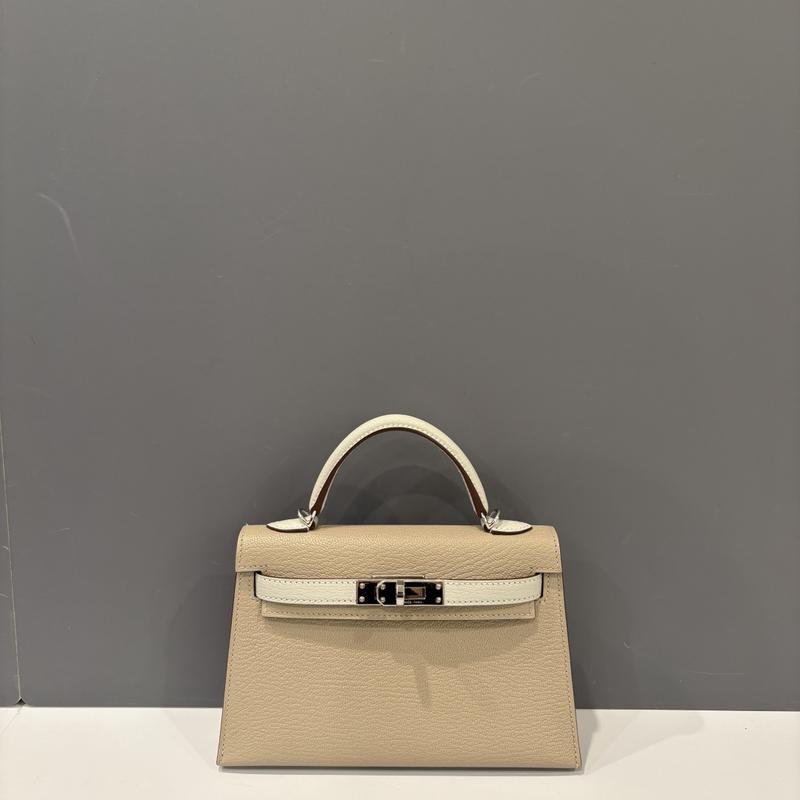 Pre-owned HERMÈS Leather tote bags Hermes Mini Kelly II Chevre Mysore 81 Gris Tourterelle 80 Pearl Grey (zb020326m8)