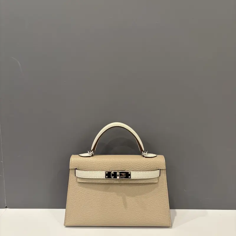 Pre-owned HERMÈS Leather tote bags Hermes Mini Kelly II Chevre Mysore 81 Gris Tourterelle 80 Pearl Grey (zb020326m8)