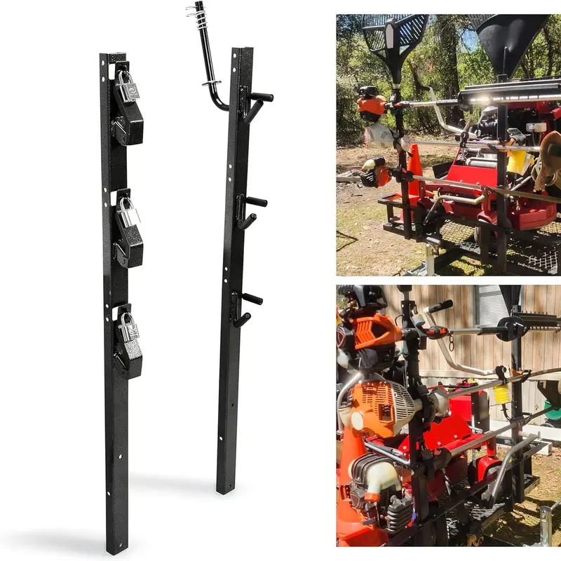Ecotric Heavy Duty Trailer Equipment Rack - 47" H Powder Coated Steel (Rust-Protective), 1x Trimmer Holder, Edger Carrier, Lockable Mount with 3 Keyed-Alike Locks for Landscape Trucks & Enclosed Trailers, Quick Easy Installation, Trimmers