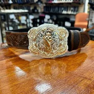 SAN JUDAS BUCKLE WITH ARROWS AND TOOLED DESIGN