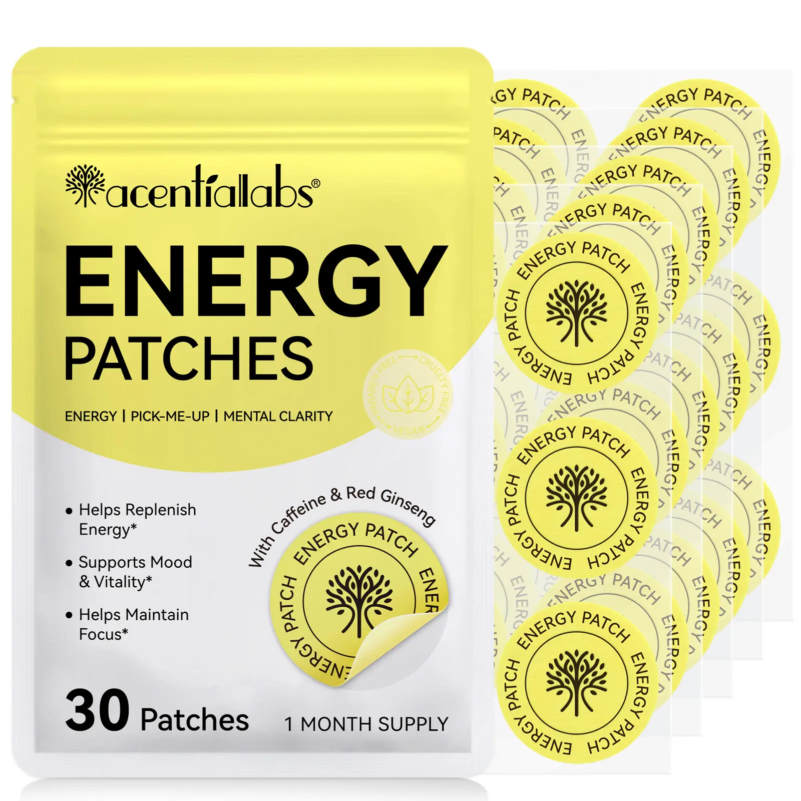 【NEW】Acentiallabs Daily Energy Transdermal Patches (30 Count) - Healthcare Supplement with Caffeine, Red Ginseng & Vitamin B12 for All-Day Focus & Natural Energy, Vegan, Cruelty-Free, Portable, Easy-to-Use
