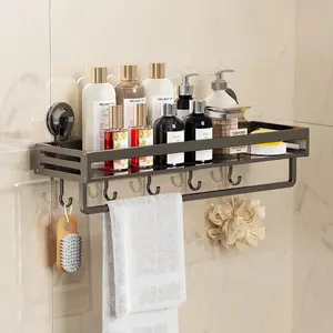 Shower Caddy Suction Cup, 11.8 inch Suction Shower Shelf with Hooks NO-Drilling Bathroom Holder, Rustproof Bathroom Organizer, Dark Grey