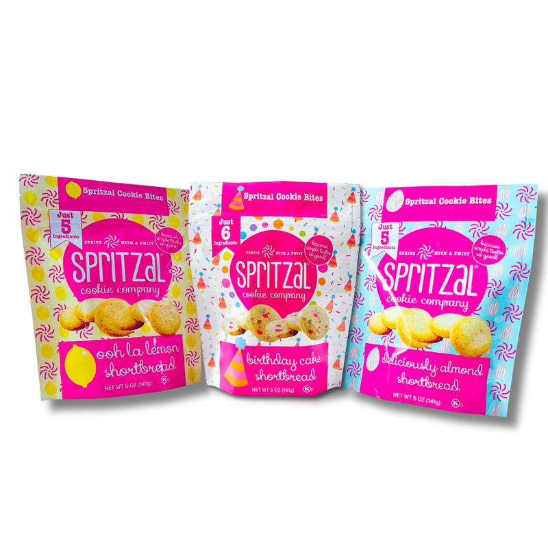 Spritzal Cookie Bites Bundle – 3 Flavors: Birthday Cake, Lemon & Almond | Clean Label Snacks | Biscuits