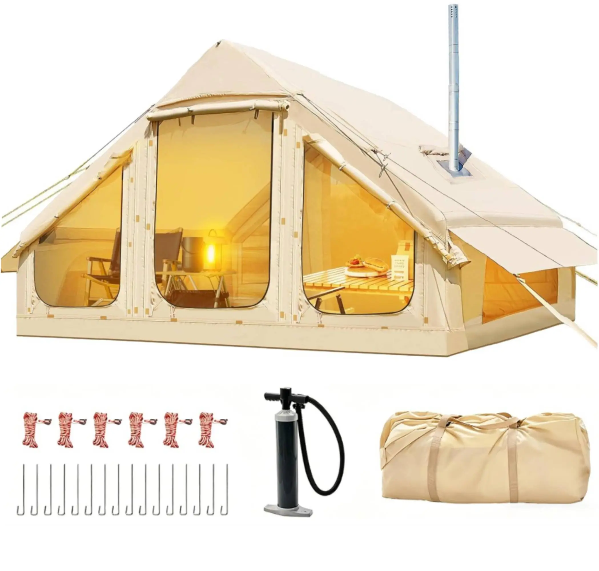DoCred Large Inflatable Camping Tent with Pump, Glamping Tents with Stove Jack, Easy Set up 4 Season Waterproof Windproof Outdoor Gazebo, Luxury Cabin Tent with Removable Mesh Windows & Doors for Beach, Backyard, Sleepovers, Camping,summerwins