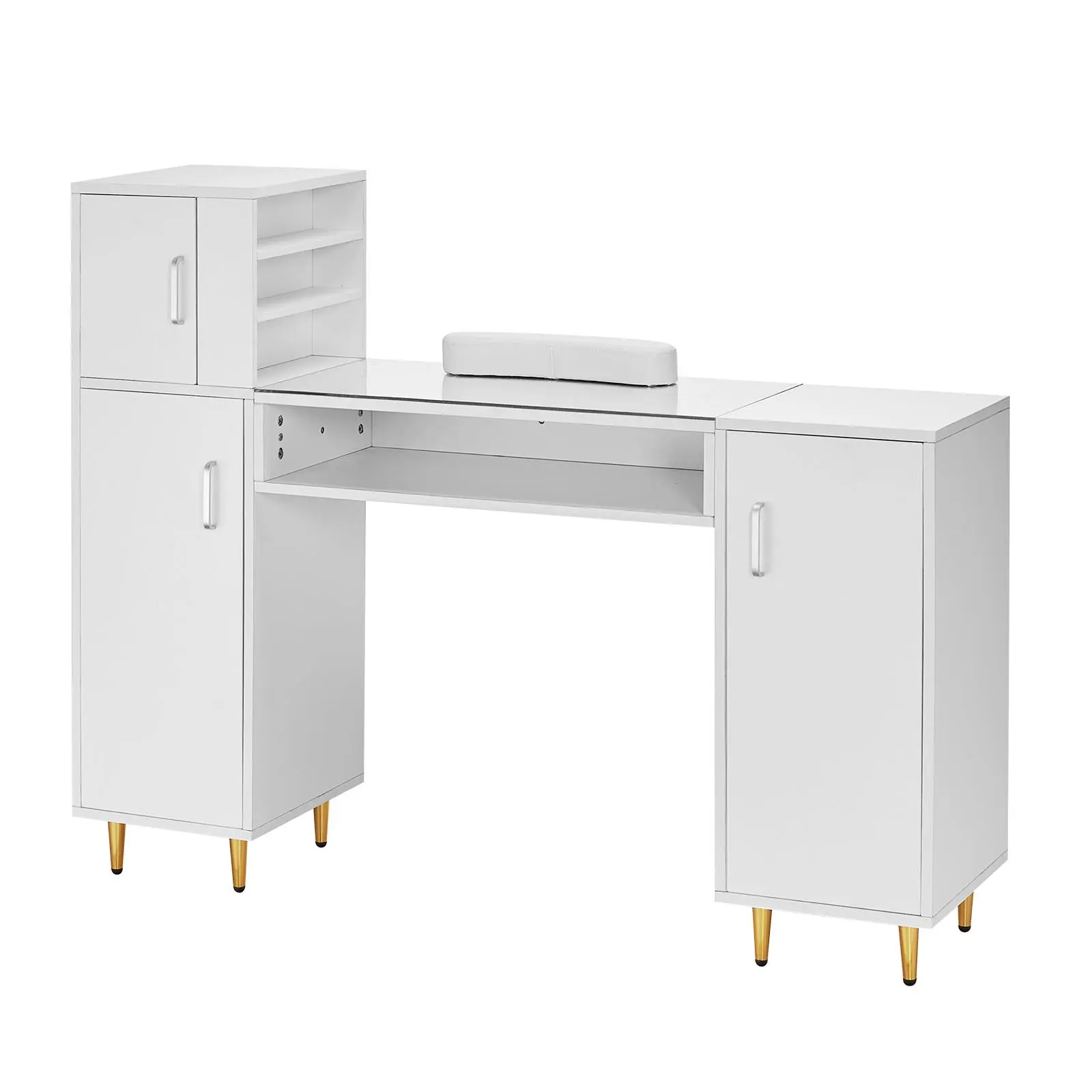 【SummerFinds】VEVOR Manicure Table,  Glass Top Nail Desk, Makeup Dressing Nail Station with Storage Cabinets, Acetone-Resistant Nail Tech Table for Beauty Salon Spa Workstation with 8 Metal Legs, Wrist Rest, White
