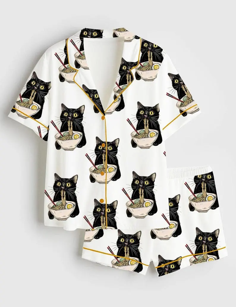 Women's Cute Noodle Cat Satin Pajama Set, Short Sleeve Kawaii Sleepwear, Funny Summer Loungewear Lounge Set