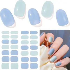 Semi Cured Gel Nail Strips, 28 pcs UV Gel Nail Stickers Full Nails Wraps for Women Home DIY Nails Art, UV Light Required(Pale Sky Blue)