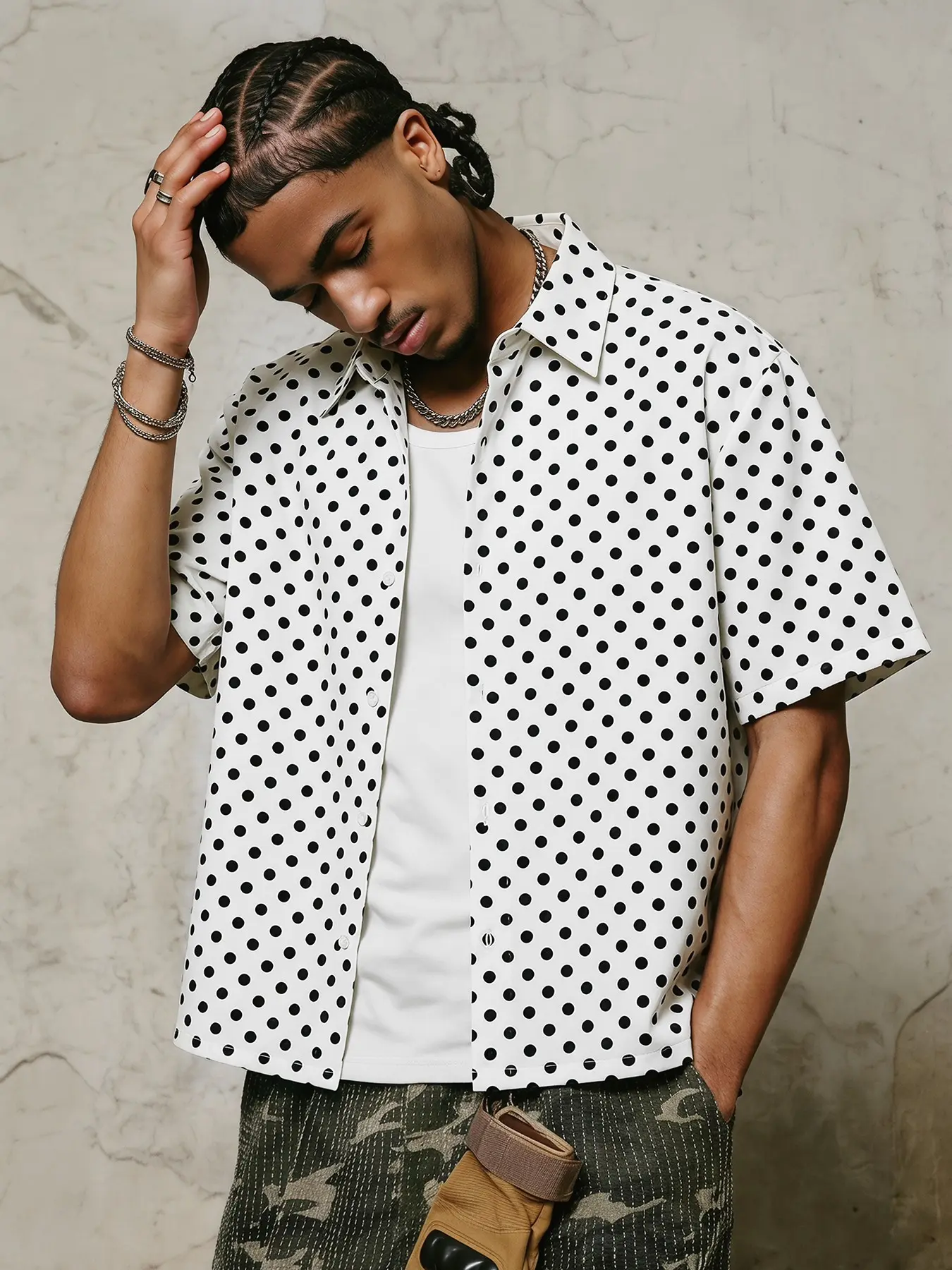 Men's retro vintage polka dot printed short sleeved shirt with casual buttons for streetwear, classic black and white polka dots, suitable for summer clothing, street style, and loose fitting, durable print for urban and minimalist fans