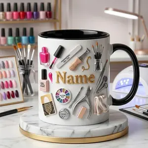 Nail Tech Mug 2D Printed 3D Effect Coffee Mug Personalized Name 3D Manicure Art Design Ceramic Cup for Nail Technician Manicurist Beauty Lover Gift for Women Girls Salon Owner Birthday Graduation Appreciation Gift Idea