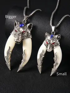 Silver Wolf Head & Tusk Pendant Necklace, Gothic Punk Style Jewelry with Gem & Intricate Metal Detail, for Men, Daily & Streetwear Occasions, Gothic Witch Jewelry