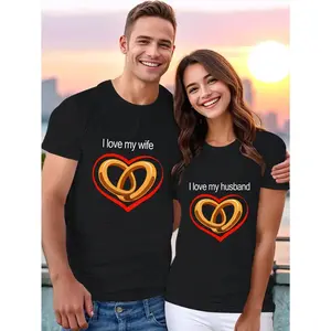Couple's Round Neck Short-Sleeve T-Shirts Featuring 'Wife Husband' Graphic Print 100% Cotton Comfortable for Everyday Casual Wear USA Factory