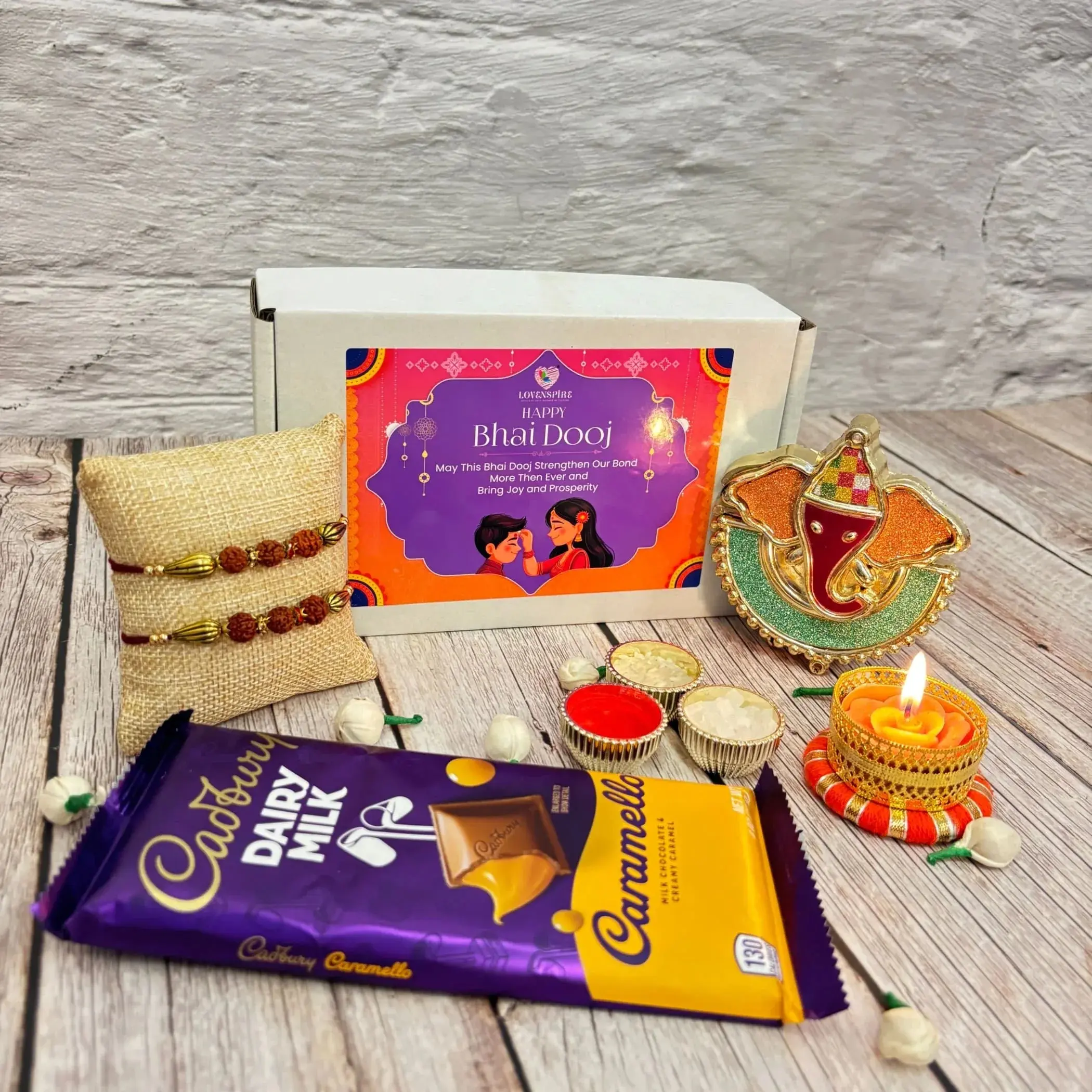 Bhai Dooj Gift Hamper for Brother Premium Gift Box with Haldi Kumkum Holder Candle Holder Roli Chawal Rakhi Chocolates Bhaidooj Gift Set for Bhai Rakhi for Brother Rakshabandhan Gifts