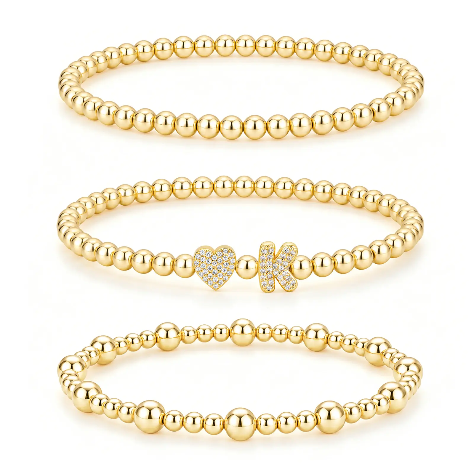 Personalized 3 Piece Gold Beaded Bracelet Set for Women, Sparkling CZ Heart & Initial Charm Stretch Bracelet, Stackable Dainty Jewelry Gift for Her