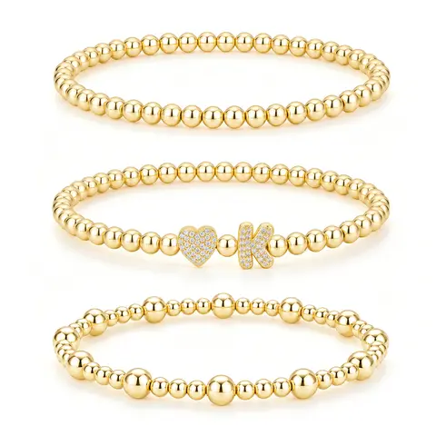 Turandoss Women's 3-Piece Lead-Free Solid Copper Minimalist Gold-Tone Beaded Bracelet Set for Women - Sparkling CZ Heart, Initial Charm Stretch Bracelets & Bangles, Female Anniversary Gift for Daily Elegance