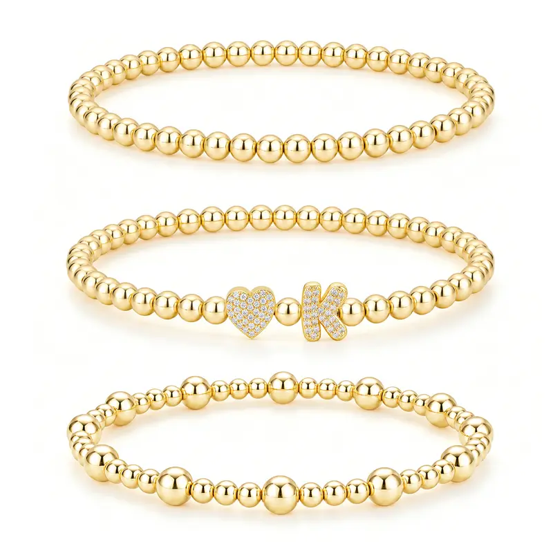 Turandoss Women's 3-Piece Lead-Free Solid Copper Minimalist Gold-Tone Beaded Bracelet Set for Women - Sparkling CZ Heart, Initial Charm Stretch Bracelets & Bangles, Female Anniversary Gift for Daily Elegance