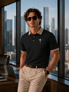 Men's contrasting polo shirt with minimalist cross print, Christian faith smart business casual wear, office workwear, religious minimalist streetwear, and adult male daily elite atmosphere