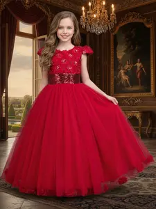 Princess Dress, Floral Embroidery Dress, Party Performance Holiday Wedding Long Gown, Puffy Hostess Birthday Banquet Piano Play Costume