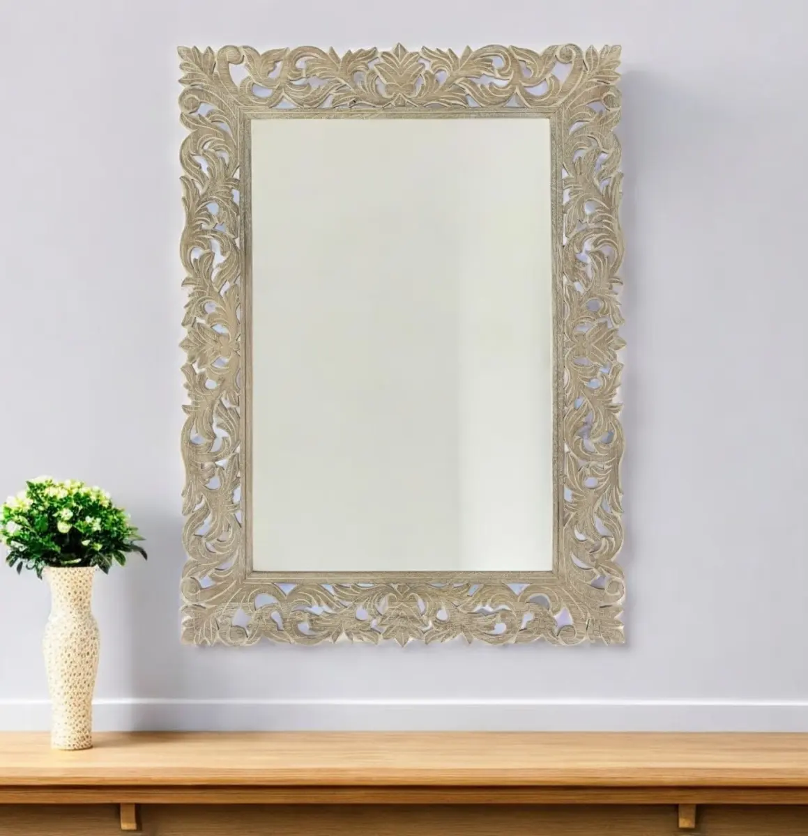 212 MAIN 35 in. Rectangle Vintage Floral Carved Solid Wood Framed Glass Wall Mounted Mirror - Home Decor, Bathroom Fixture, Easy Mounting & Installation Options, Decorative Glass Bathroom Mirror, Bathroom Decor