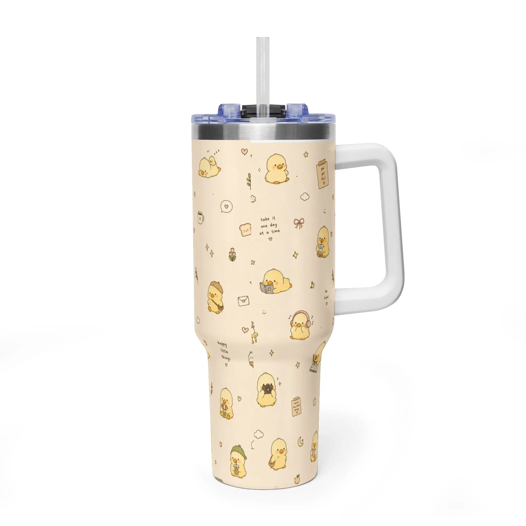 Kawaii Yellow Duck Tumbler with Straw, Insulated Stainless Steel Travel Cup, Cute Duck Pattern Reusable Drink Cup with Lid