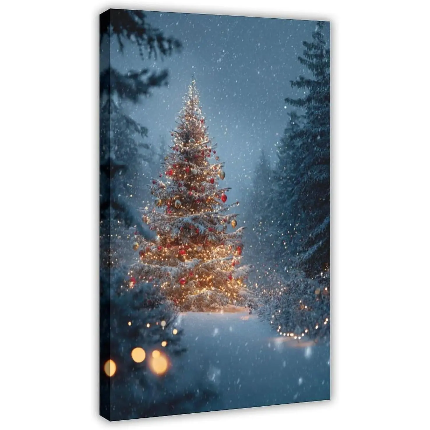 1pcs Framed Snowy Night Canvas Wall Art Light up Christmas Tree Picture Painting Art Poster Christmas Festive Holiday Home Decor Seasonal Gift Farmhouse Wrapped Canvas 08x12inch(20x30cm)