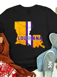 Louisiana Map Print Cotton T-Shirt - Black 100% Cotton Crew Neck Tee with Bold Yellow & Purple State Design, Short Sleeve Casual Top for Men & Teens, Machine Washable Gift for Sports Fans, Everyday Tshirt, Vibrant Graphic Tee, Comfortable Fit Shirt
