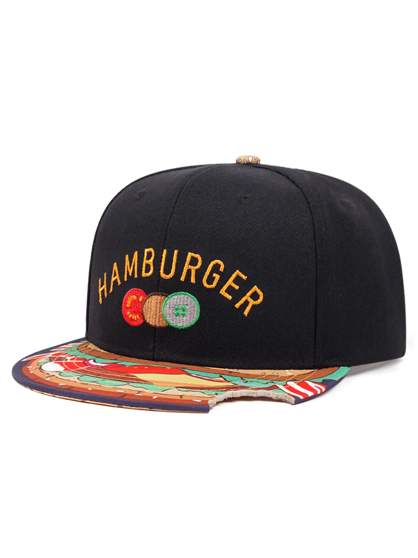 2026 New Cartoon Creative Baseball Hat HAMBURGER Printed Embroidered Skateboarding Hat Street Fashion Personality Hip Hop Hat Daily Leisure Commuting Decorative Hat Outdoor Sports Sunshade Hat Male Female Same Style Flat Edge Hat