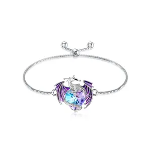 Dragon Adjustable Heart Bracelet with Crystal, 925 Sterling Silver Bracelet for Women Girls, Meaningful Jewelry Gift for Mother Daughter, Perfect Birthday Gift