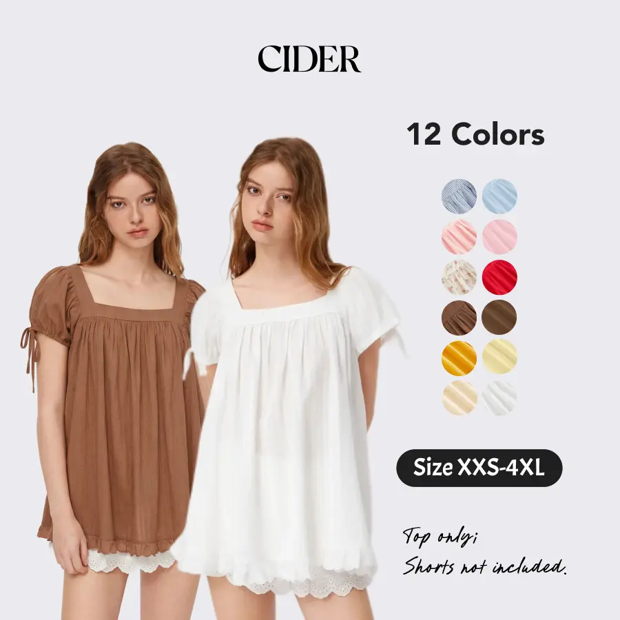 Cider Square Neck Solid Ruffle Knotted Short Sleeve Blouse - Casual Womenswear Summer Top with Puff Sleeves and Fitted Fit Shirts SummerWins SummerFinds