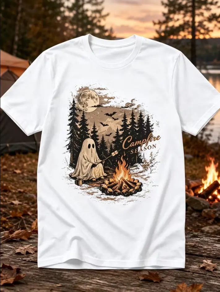 Men's Campfire Smoke Forest Graphic T-Shirt, Vintage Outdoor Style Loose Fit Crew Neck Tee for Spring Summer Fall Camping, Fishing and Daily Casual Wear