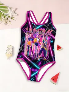 Girls Kpop Demon Hunters One-Piece Swimsuit, Anime Print Fashion Swimwear, Back Cross Straps, Beach Vacation New Swimming Suit