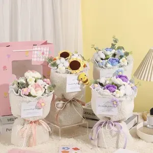 Crochet Flowers Bouquet with Bag & Light - Soft Gift for Her - Perfect Decoration - Special Gift for Festivals Decorative