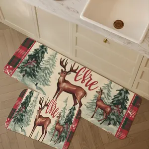 Christmas Reindeer Pattern Soft Kitchen Rugs Set, Non-Slip Long Strips, Machine-Made Sponge Carpet for Living Room Bedroom Bathroom