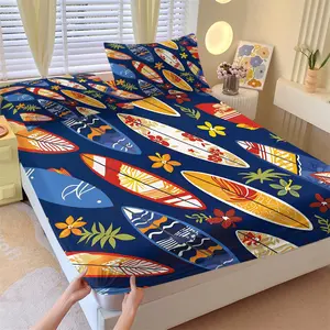 Hawaiian Surfboard Theme Fitted Sheet Set & 2 Pillowcases, Different Patterns Surfboards with Tropical Flower & Palm Leaf Design, Soft Non-Slip Wrinkle Resistant, Tropical Style Bedroom Decor Gift Choice