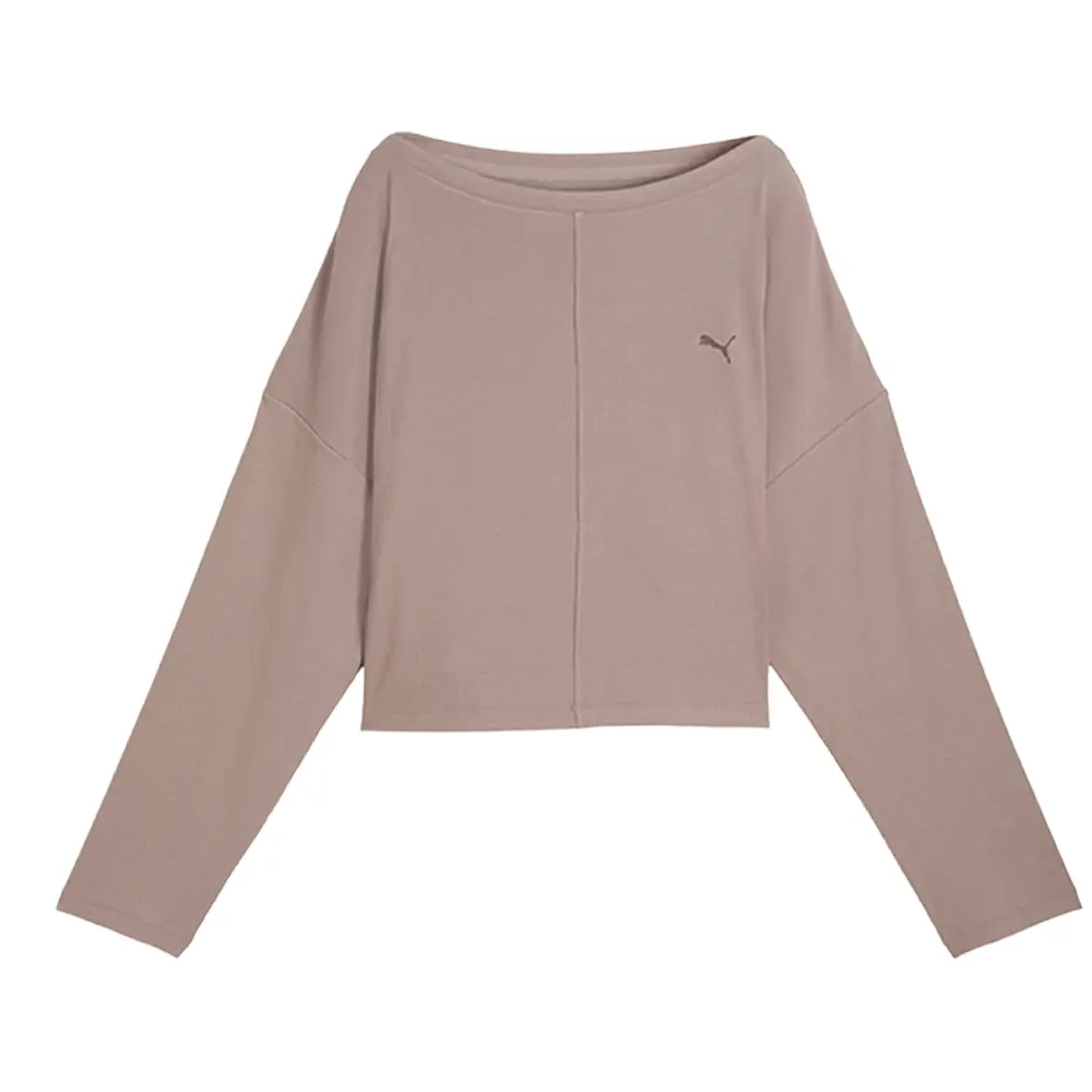 PUMA Womens Cloudspun Rib Slouch Crew Neck Long Sleeve Athletic Casual Tops Casual - Beige