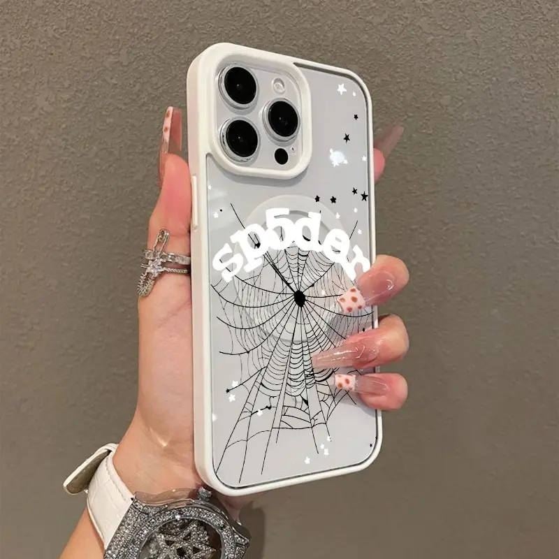 Web & Star Print Magsafe Two-Tone Frame Clear Phone Case Compatible with iPhone 17 ProMax / 16 ProMax / 15 ProMax / 14 ProMax / 13 ProMax and Samsung Galaxy S26 Ultra / S25 Ultra / S24 Ultra / S23 Ultra / S22 Ultra