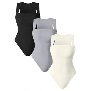Women's Plus Size Friendly Ribbed Bodysuit Square Neck Sleeveless Leotard Sexy 3 Piece Set Summer Outfits Slim Fit Bodycon Jumpsuit High elasticity abdominal and hip lifting slim fit jumpsuit for body shaping