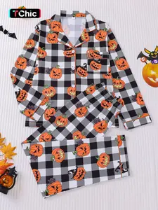 Women's Plaid Pumpkin Print Pajama Set, Long Sleeve Top & Elastic Waist Pants, Soft Comfortable Sleepwear for All Seasons