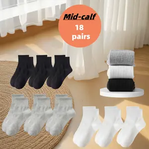 Z 6-42 Pairs of Solid Color Mid-Calf Socks for Women - Black White Gray - Breathable Elastic Non-Slip - Comfortable & Versatile - 18 Pairs Pack Womenswear Minimalist Commute Basic Style grip socks grip socks for soccer