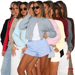 BIGWIG Women's Cropped Cardigan, Lightweight Cotton Knit Y2K Autumn Outfit, 2025 Autumn Fashion Clothing, Front Open Long Sleeve Knit Cardigan, Round Neck Button Jacket, Women's Y2K Cropped Sweater