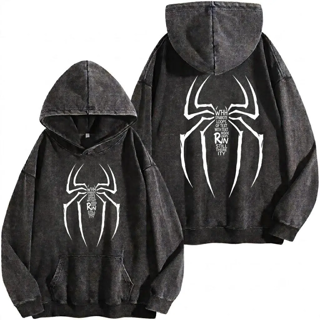 Red Spidey Graphic Oversized Washed Hoodie 2, Vintage Acid Wash Streetwear Tee, Front and Back Spidey Symbol T-Shirt, Gothic Spidey Graphic Tee, Unisex Casual Fashion Gift