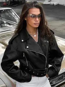 Pu Leather Asymmetric Zipper Jacket Women's Jacket Spring Autumn 2026 Elegant Cropped Black Long Sleeve Tops Female Casual outerwears Fashion Punk Cool Motorcycle Jacket Casual Fashionable Jacket