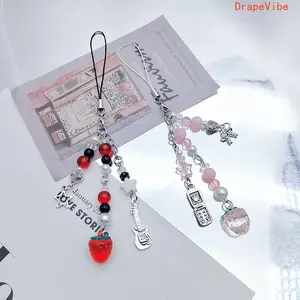 2pcs Y2K Aesthetic Strawberry Heart Beaded Phone Charm Cute Stylish Pendant Accessory For Women Daily Use